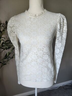 stradivarius White Lace Long-Sleeve Puff-Shoulder Top